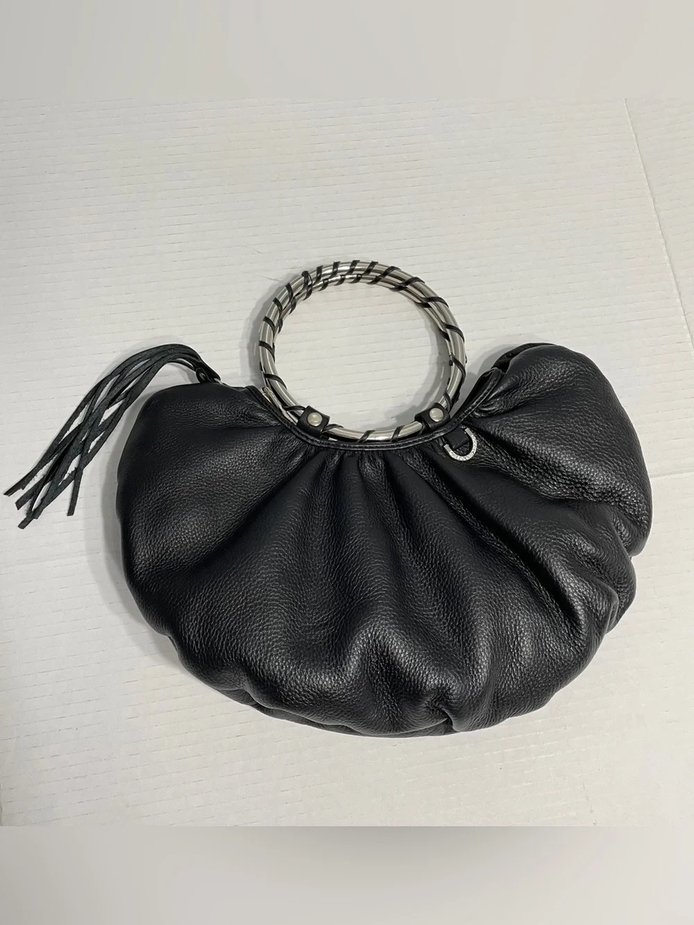Vintage Babee D Black Leather Ring-Handle hobo bag handbag boho western